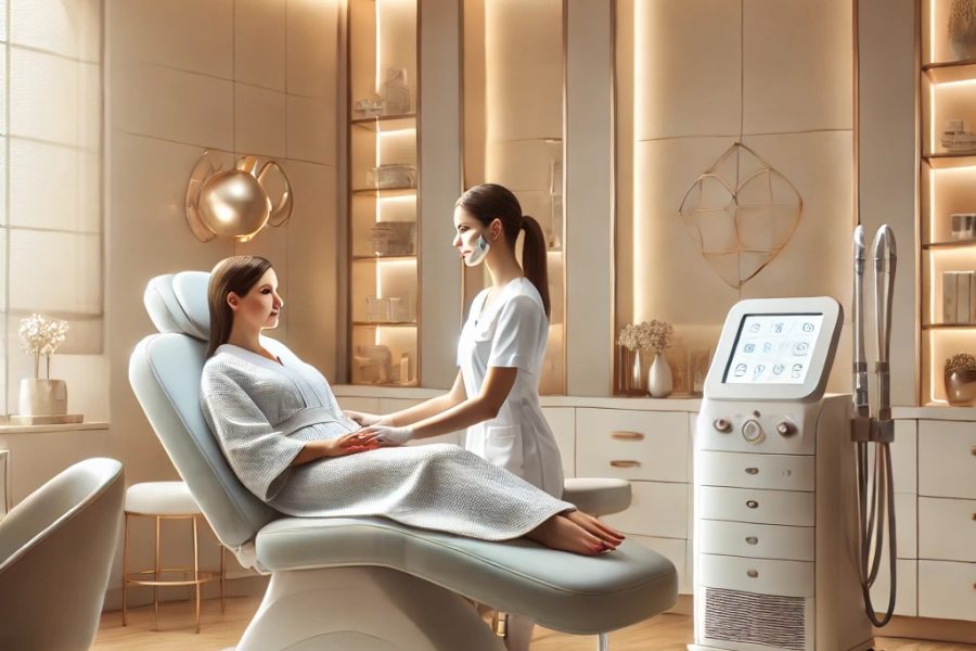 A-serene-modern-interior-of-a-medical-spa-featuring-a-soft-welcoming-color-palette-with-clean-minimalist-design.-A-medical-technician-in-a-professi